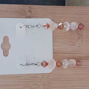 Silver Tone Leverback Pink Brown Glass Beaded Dangle Earrings